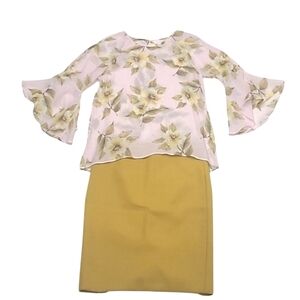 LC Lauren Conrad Blouse Floral Print Sheer Open Back Cut Out Bell Trumpet Sleeve
